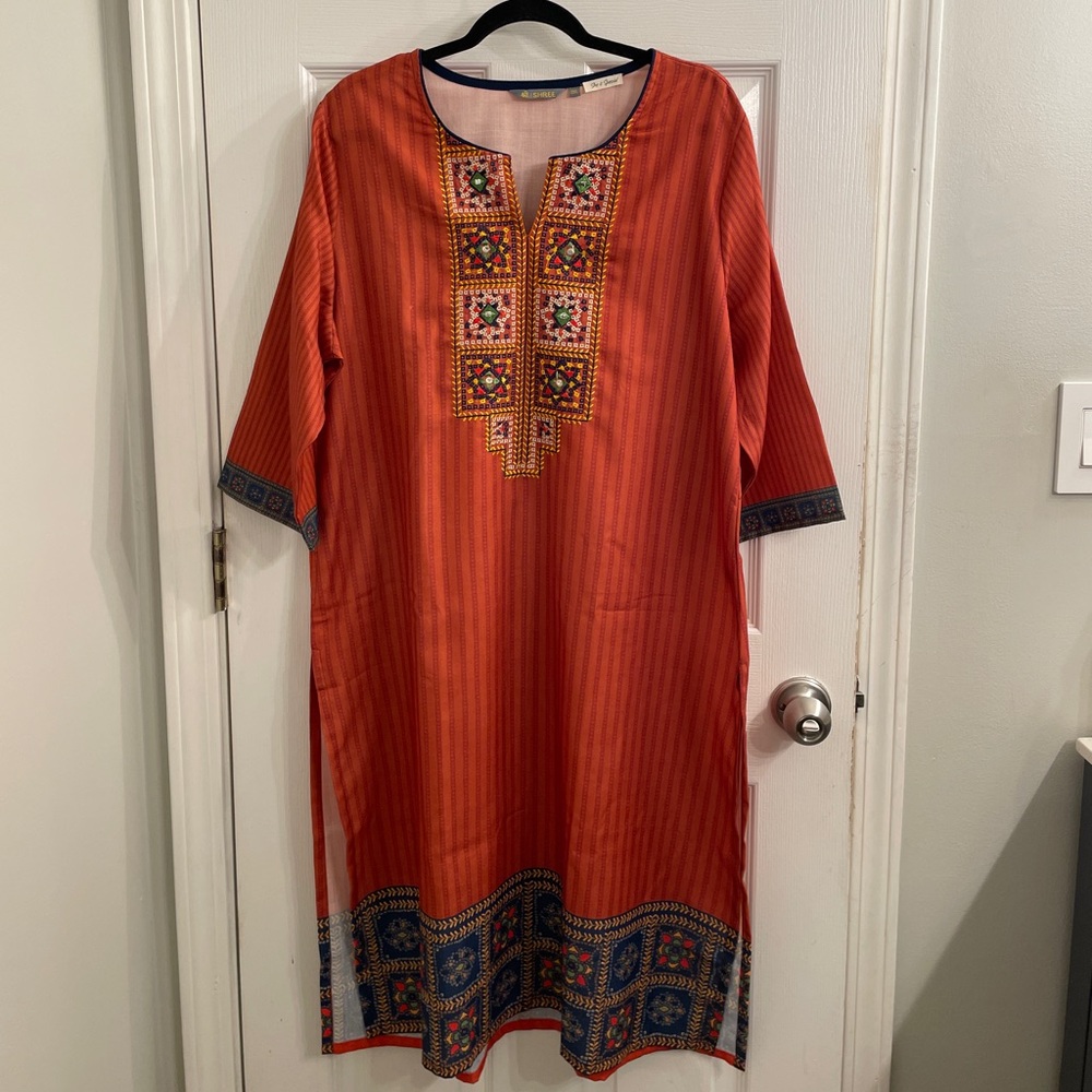 Embroidered Indian Ethnic Kurti Tunic in Rust Orange Size XL